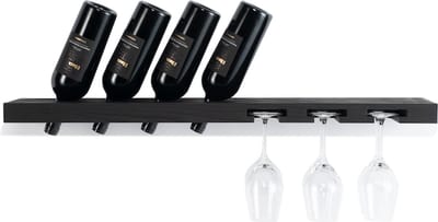Tu Las™ Massief houten wijnflessen houder inclusief wijnglazen en champagneglazen houder - 94 x 22 x 4 cm - Zwevende wijnflessen houder - Muur bevestiging - Essen hout