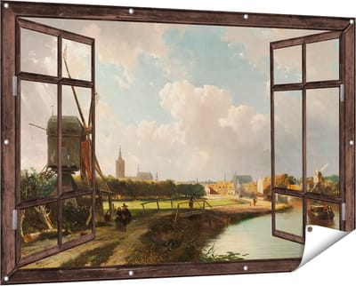 Gards Tuinposter Doorkijk Gezicht op Den Haag vanaf de Delftse Vaart in de Zeventiende Eeuw - Cornelis Springer - 150x100 cm - Tuindoek - Tuindecoratie - Wanddecoratie buiten - Tuinschilderij