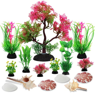 Dailygoods- Aquariumdecoratie 15 Stuks - Kunstmatige Planten - Natuurlijke Schelpen - Kleur: Groen/Rood - Maat: 5,9 Inch - Onderhoudsvriendelijk - Aquariumplanten