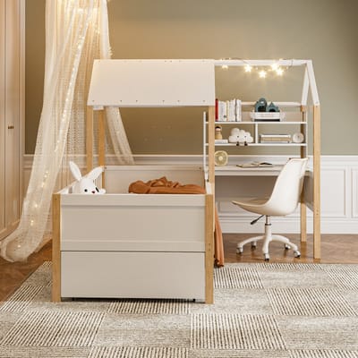 VVBV Huisbed 90x200 cm met Voor Kinderen/Tieners, Huisdesign - Uitvalbeveiliging, Lattenbodem, Planken - Massief Hout Wit