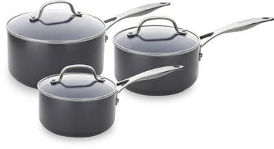 Greenpan Venice Pro Aluminium Steelpannen set met deksel - 6-delig - Ø 16- 20cm – PFAS-vrij - Inductie – Ovenbestendig tot 220°C – Vaatwasserbestendig – Snelle opwarming – RVS handgrepen - Zwart