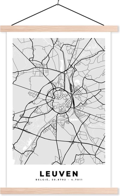 Posterhanger incl. Poster 40x60 cm - Schoolplaat - Zwart Wit – België – Plattegrond – Stadskaart – Kaart – Leuven - Textielposter - Blanke latten - Stadskaart