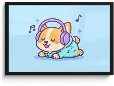 Poster in lijst - Fotolijst 60x40 cm - Posters - Corgi - Koptelefoon - Blauw - Muzieknoten - Posterlijst zwart - Decoratie - Wanddecoratie woonkamer - Muurdecoratie slaapkamer