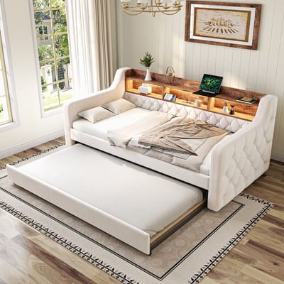 Slaapbank 90x190 cm met opbergruimte – LED-verlichting, USB-C, 12 lattenbodems & velvet – Beige