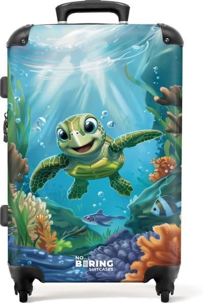 NoBoringSuitcases.com® - Kinderkoffer - Kindertrolley - Schildpad in kleurrijke onderwaterwereld - Koffer kind groot - Rolkoffer lichtgewicht - Reiskoffer met 4 wielen - Reistrolley - Grote trolley XL - 20 kg bagage
