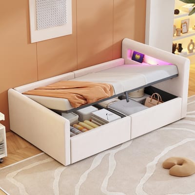 MODENUIT Kinderbed 90x200 cm – LED-Verlichting en USB – Hydraulische Opbergruimte – Zonder Matras – Fluweel – Beige