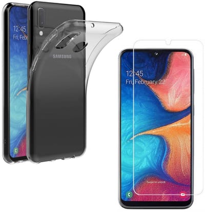 Hoesje Ultraslank geschikt voor Galaxy a20e backcover siliconen Transparant en 2 stuks ScreenProtector Gehard Glas met zwarte randen