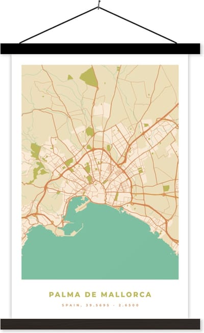 Posterhanger incl. Poster 40x60 cm - Schoolplaat - Kaart - Mallorca - Stadskaart - Vintage - Plattegrond - Textielposter - Zwarte latten - Stadskaart