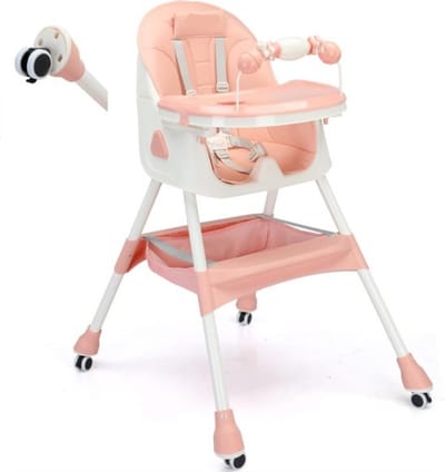 3 in 1 Kinder Eetstoel – Baby Eetstoel – Kinderstoel Baby – Voor aan Tafel – Met Wielen – Met Eetblad – Stevig Design – Roze