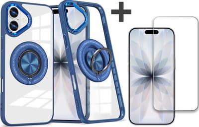 Hoesje Geschikt voor iPhone 17 Arara hoesje voor Magsafe Transparant hard case - kickstand Draaibare Ring Houder met screenprotector - Blauw