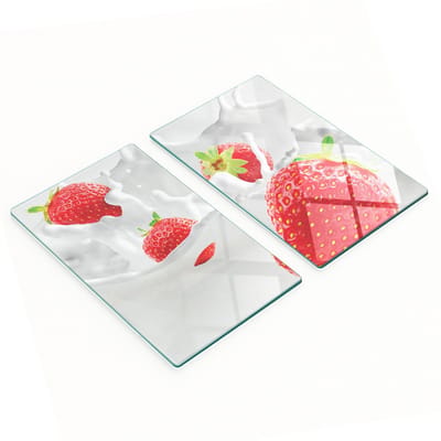 Decoratieve glazen snij- en serveerplanken met aardbeien- en melkmotief, 2x30x52 cm