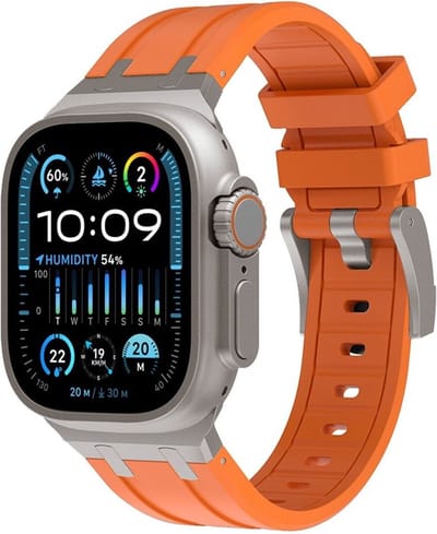 Strap-it luxe liquid siliconen bandje geschikt voor de Apple Watch 1/2/3/4/5/6/8/9/10/11/SE(2-3)/Ultra(2-3) in de maat: 44mm / 45mm / 46mm / 49mm - luxe rubberen iWatch sport bandje met titanium aansluiting (oranje met titanium)