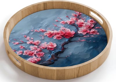 Dienblad rond 40x40 cm - Schootdienblad hout - Bloesem - Bloem - Roze - Tak - Borrelplank rechthoek - Plateau houten dienbladen