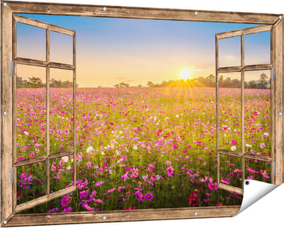 Gards Tuinposter Doorkijk Bloemenveld met Roze Kosmos - 150x100 cm - Tuindoek - Tuindecoratie - Wanddecoratie buiten - Tuinschilderij
