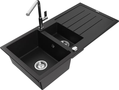 Mexen Andres granieten gootsteen 1,5-kamer met afdruiprek en keukenkraan Flora, zwart - 6515-77-670401-00