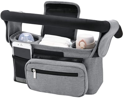 Opbergtas voor kinderwagen - universeel ontwerp - met geïsoleerde bekerhouder/waterfleshouder - kinderwagentas - babyaccessoires - met ritsvak - schouderriem - kan luiers en mobiele telefoon opbergen - 33*10*6cm -Grijs