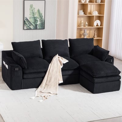 Modulaire 3-zits Corduroy Bank (met voetenbank), 3-Zits Hoekbank L-Bank – incl. kussens en 2 zijvakken, 3-laags Schuim + Veringkern voor Snelle Terugvering. Vrij combineerbaar – Ideaal voor Woonkamers, Kantoren en Meer,Zwart