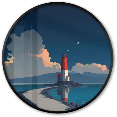 Poster in lijst Rond - Fotolijst 60x60 cm - Posters - Vuurtoren - Zee - Wolken - Ronde posterlijst zwart - Decoratie - Wanddecoratie woonkamer - Muurdecoratie slaapkamer
