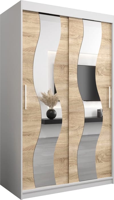 InspireMe - Kledingkast met 2 schuifdeuren, Modern-stijl, Een kledingkast met planken en een spiegel (BxHxD): 120x200x62 - REESE 120 Wit Mat + Sonoma Eik