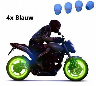 Ventieldoppen Glow In Dark I Ventieldop Auto I Doodshoofd I Ook Voor Motor, Fiets Scooter I Set van 4 I Blauw