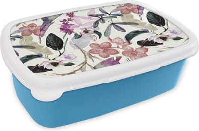 Broodtrommel Blauw - Lunchbox - Brooddoos - Jungle - Bloemen - Vintage - Patronen - 18x12x6 cm - Kinderen - Jongen