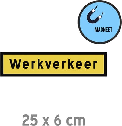 Pictogram/ magneet (small) | "Werkverkeer" | 25 x 6 cm | Voor personenwagen | Werk verkeer | Waarschuwing | Leidinggevende | Auto | Magnetisch | 1 stuk