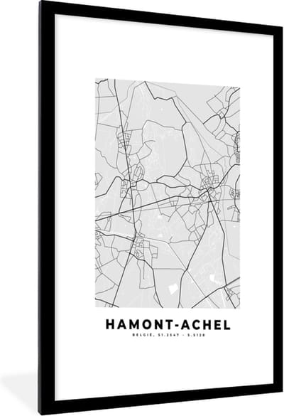 Fotolijst incl. Poster Zwart Wit- België – Hamont Achel – Stadskaart – Kaart – Zwart Wit – Plattegrond - 60x90 cm - Posterlijst