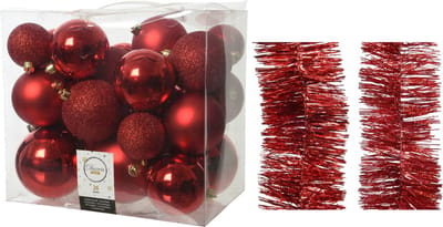 Kerstversiering kunststof kerstballen 6-8-10 cm met folieslingers pakket rood van 28x stuks - Kerstboomversiering