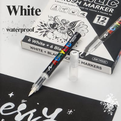 Acrylmarkers - 12 stuks, 6 zwart en 6 wit - directe inkttoevoer zonder drukken - nylon punt 1-6 mm - geschenkdoos