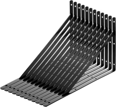 Set van 12 Stevige Wandbeugels voor Planken, 400 x 250 mm, Zwart Metaal, Ideaal voor Hoekmontage en Zware Lasten