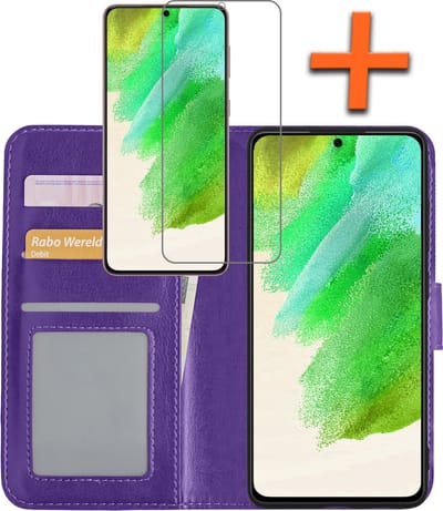 Hoes - Met Screenprotector - Geschikt voor Samsung Galaxy S21 FE - Luxe Pasjeshouder - Bookcase Portemonee - Flip Case - Kunstleer Book Case - Flipcase - Book Cover - Walletcase - PortemonneeHoes - Paars