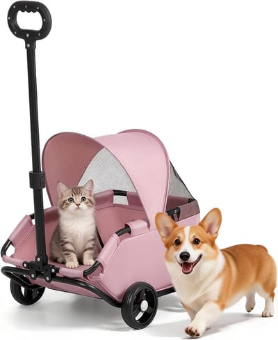 Hondenwagen Opvouwbaar - Reisbuggy Huisdier - Comfortabel Vervoer - 4 Wielen 360° - 36x15x58 cm - Roze
