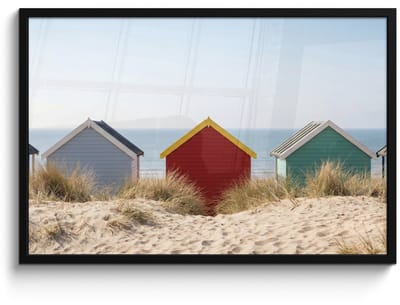 Poster in lijst - Fotolijst 90x60 cm - Posters - Strand - Huisjes - Kleurrijk - Duinen - Posterlijst zwart - Decoratie - Wanddecoratie woonkamer - Muurdecoratie slaapkamer