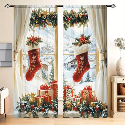 2 stuks Kerst Sneeuwscène Bedrukt Gordijn voor Kerst Huisdecoratie - Tunnel voor Roede Raambekleding voor Slaapkamer, Kantoor, Keuken 52.5cmX116cm X 2pcs brown