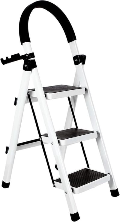 Vouwladder met treden - Kruk ladder - Veilig werken thuis - Antislip treden - 3 treden - Wit