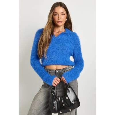 boohoo Dames Croptrui met ooglapjes-gebreide kraagdetail | Blue | Maat: Small