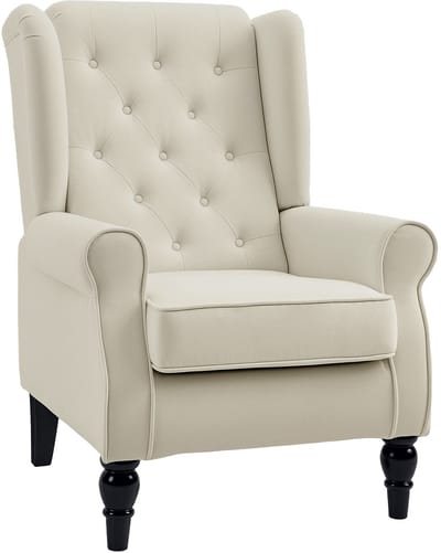 HOMCOM Eenpersoons Relaxstoel - Oorfauteuil met Knopen en Houten Poten - Crèmekleurig