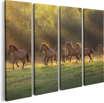 Artaza Canvas Schilderij Vierluik Kudde Bruine Paarden In De Wei - 80x60 - Foto Op Canvas - Canvas Print