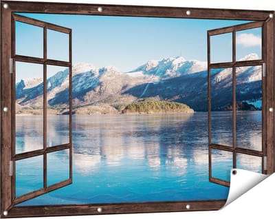 Gards Tuinposter Doorkijk Meer bij het Bergen Landschap in Noorwegen - 120x80 cm - Tuindoek - Tuindecoratie - Wanddecoratie buiten - Tuinschilderij