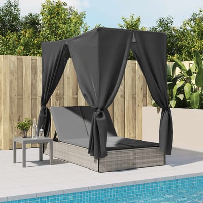 vidaXL - Ligbed - tweepersoons - met - dak - en - gordijn - poly - rattan - lichtgrijs