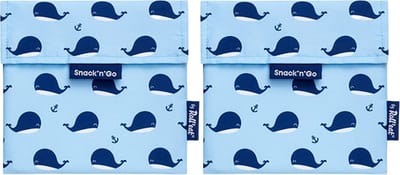 Snack'n'Go Whale - Herbruikbaar Boterhamzakje en Snackverpakking - Sluiting met klittenband - BPA-vrij - Waterdichte binnenlaag - Wasbaar tot 60°C - 2 stuks