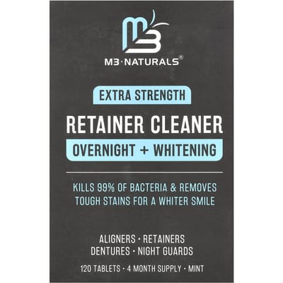 M3 Naturals, Retainer Cleaner, Overnight + Whitening, Extra Strength, Mint, 120 Tablets white
