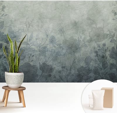 Wallfluent Behang - Plantaardige elegantie Muurbehang - 208x146 cm - Grijs Behang - Voor liefhebbers van kunst en natuur - Behang Voor de slaapkamer, woonkamer en kantoor - Behangrol Bloemen en planten