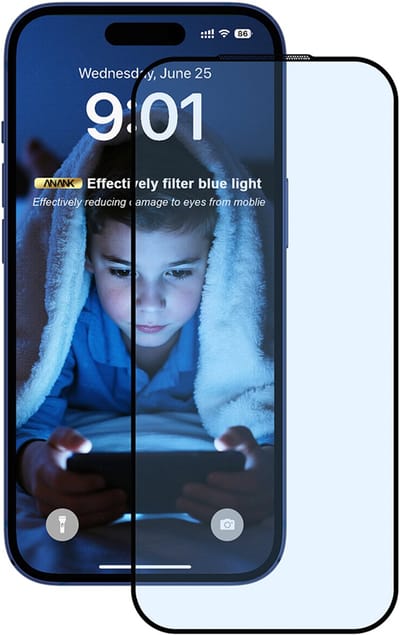 Beschermfolie Scherm Anti Blauw Licht Anank 5X Versterkt voor Apple iPhone 17, Gehard Glas, Volledige Lijm, 2.5D, Zwart
