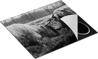 Chefcare Inductie Beschermer Twee Schotse Hooglanders Knuffelen Elkaar - Zwart Wit - 60x50 cm - Afdekplaat Inductie - Kookplaat Beschermer - Inductie Mat
