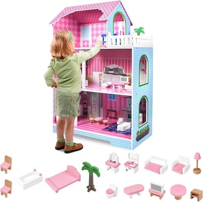 Houten poppenhuis voor kinderen met meubels en accessoires - 3 verdiepingen speelset