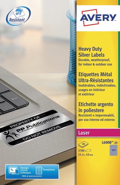 Avery ultra-sterke zilverkleurige etiketten ft 24,5 x 10 mm (b x h), 3.780 stuks, 189 per blad 5 stuks