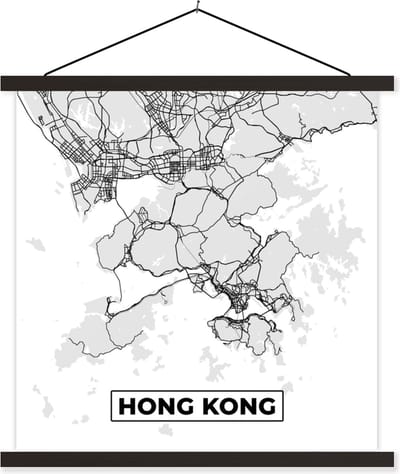 Posterhanger incl. Poster 60x60 cm - Schoolplaat - Hong Kong - Stadskaart - Zwart Wit - Plattegrond - Kaart - Textielposter - Zwarte latten - Stadskaart