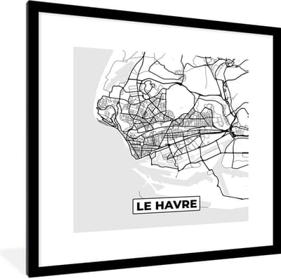 Fotolijst incl. Poster Zwart Wit- Kaart - Stadskaart - Le Havre - Frankrijk - Plattegrond - Zwart wit - 40x40 cm - Posterlijst