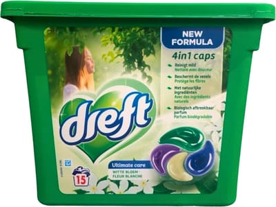 Dreft - Nieuwe formule - Wasmiddelcapsules 4in1 - Witte en Gekleurde Was - Witte Bloem - 15 Wasbeurten